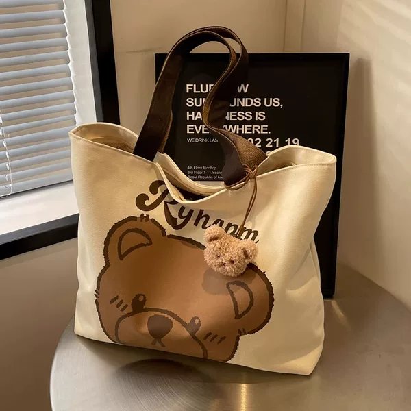 Canvas Bag with Large Capacity, Zipper and Hanging Pocket, Casual Bear Bag, College Student Shoulder Bag, Commuting Tote Bag