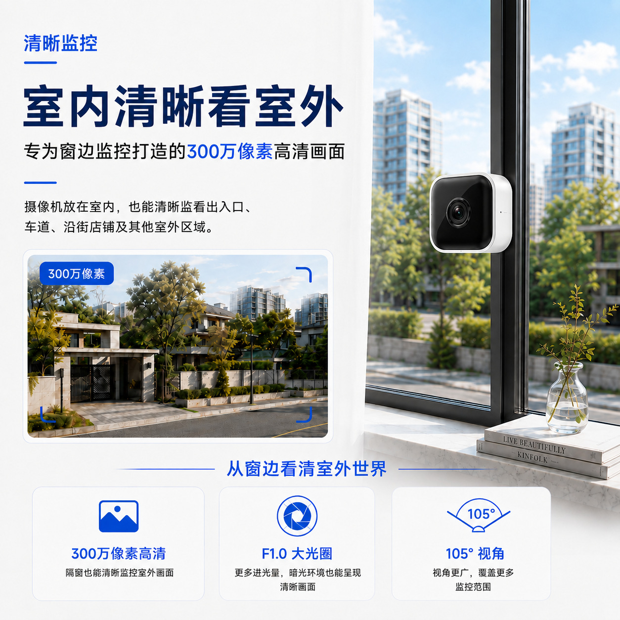 WiFi Window HD Camera, Night Vision, Two-Way Talk