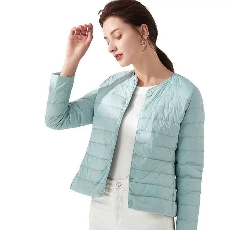 Демисезонная куртка из пуха с длинным рукавом, круглый воротник, slim fit, плюс размеры