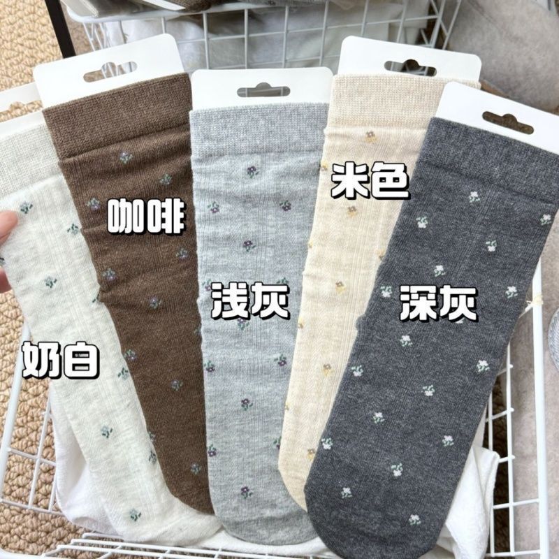 秋季新款简约风优雅千金感堆堆袜小清新纯色系小碎花中筒袜女法式|undefined
