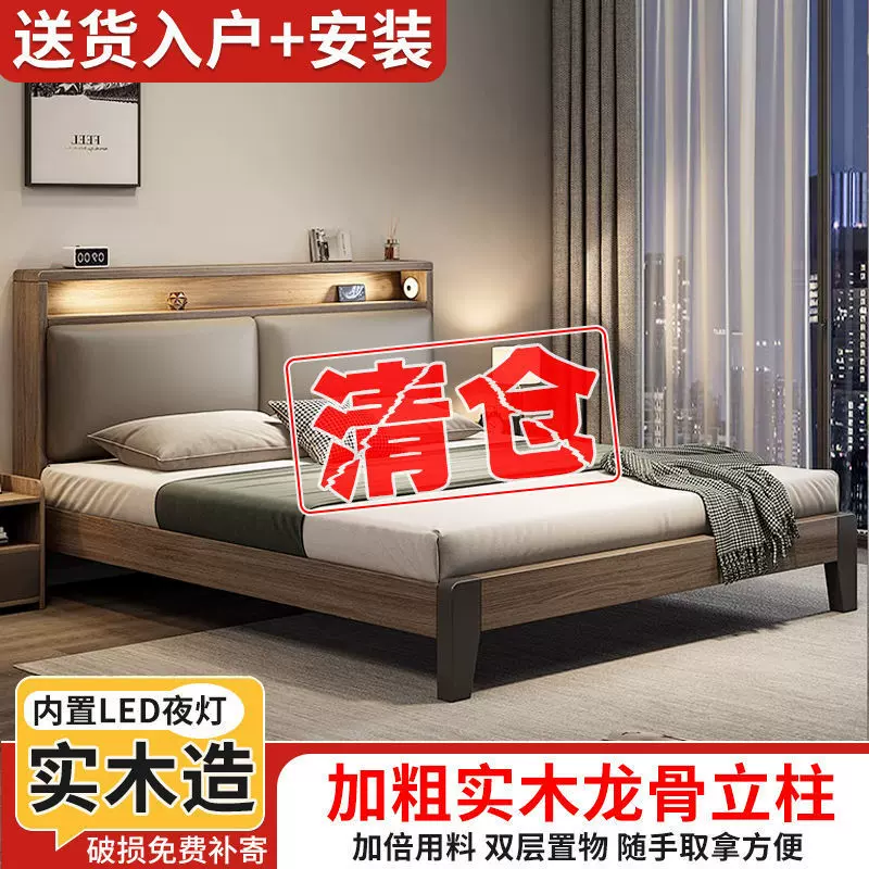 实木床简约主卧大床1.8双人床经济型1.5出租房用床1.2单人床架