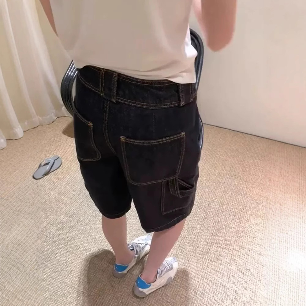 Ouyang Contrasting Color Denim Shorts for Women, Summer Thin Loose Straight Five-Point High-Waisted Slimming Retro Pants