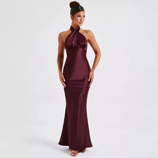 European and American Dress 2025 Summer New Fashion Elegant Backless Strappy Satin Sleeveless Slim Dress Skirt