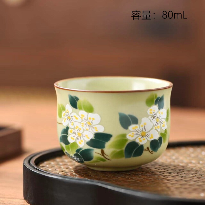 中国風ベージュ汝窯花鳥ティーカップマスターカップゲストカップオープンピースティーカップセラミックティーセットカンフーティーセット|undefined
