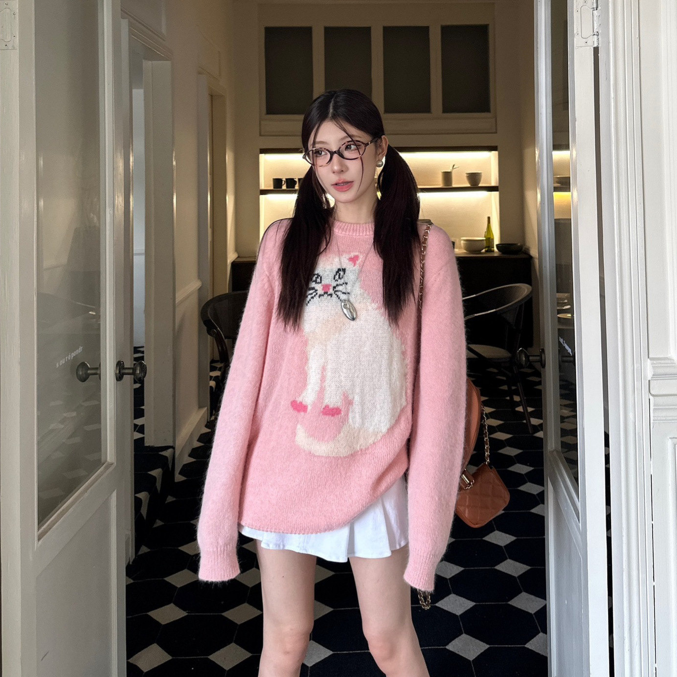 (2개) NANYOU 스트레이트 배치 MA 가족 2024 가을과 겨울 유행 고양이 자카드 풀오버 크루 넥 모헤어 니트 스웨터 여성