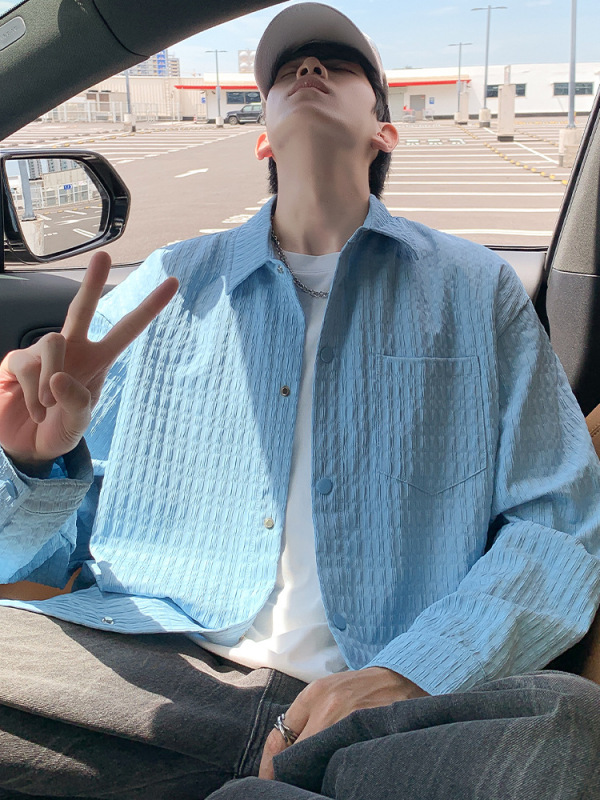 NASA格纹外套男春秋季潮流宽松风衣服青少年单排扣翻领衬衫式夹克|undefined