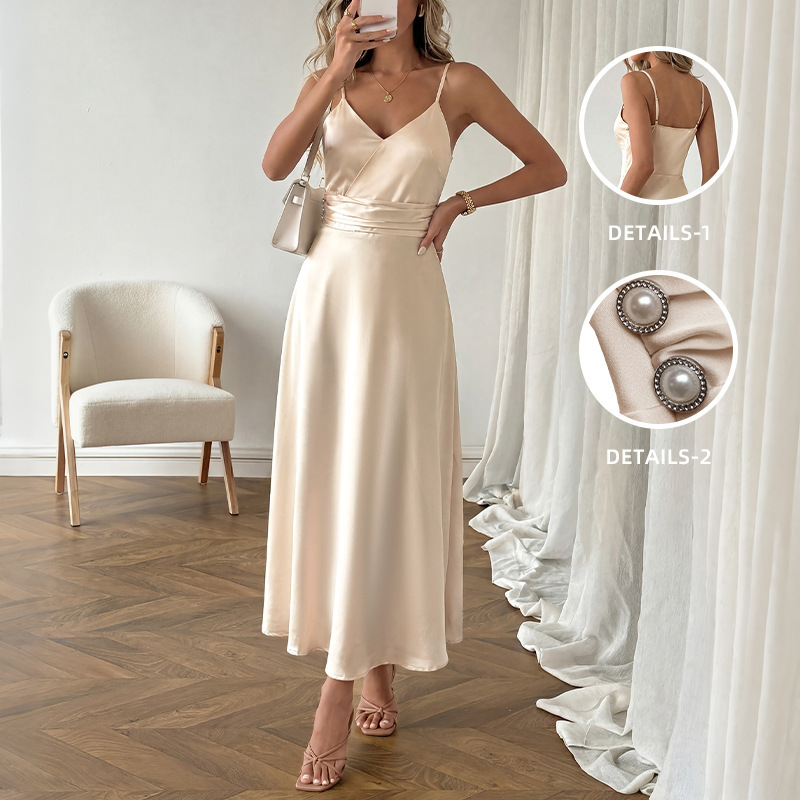 Tiktok2026 New Summer Style French Gentle Style Long Dress Champagne Color Satin V-Neck Waist-Cinching Suspender Dress Tiktok2026 New Summer Style French Gentle Style Long Dress Champagne Color Satin V-Neck Waist-Cinching Suspender Dress