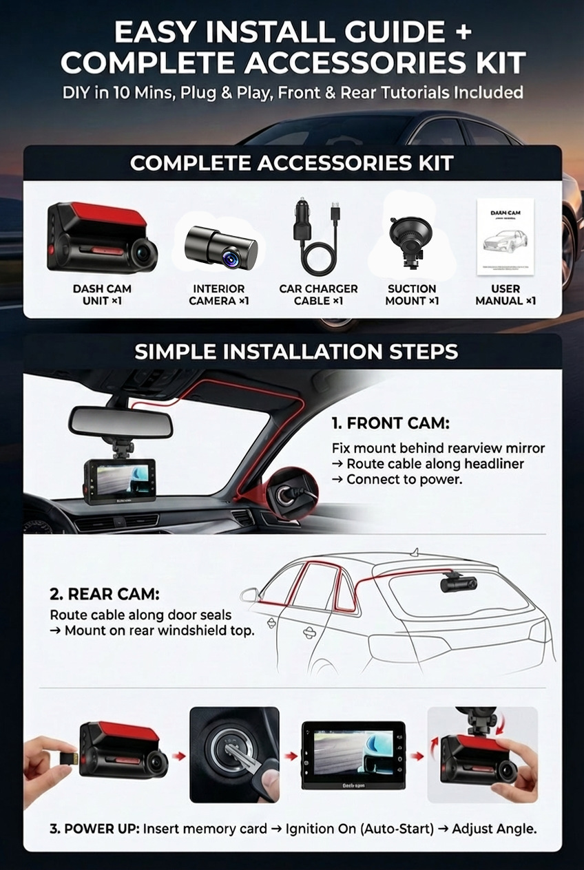 New Model of Car Dash Cam with 4K High-Definition Night Vision, Wifi Mobile Phone Connectivity, Dual Recording Front and Rear, and 24-Hour Monitoring