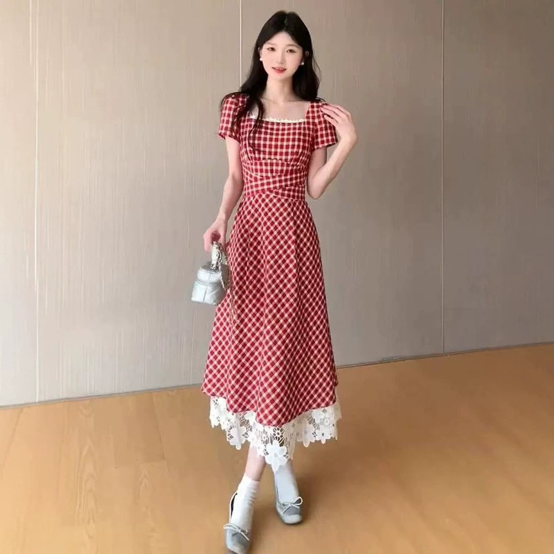Dopamine Red Plaid Dress for Women, Summer 2026 New Popular Style, Unique and Beautiful Waist-Cinching Long Dress