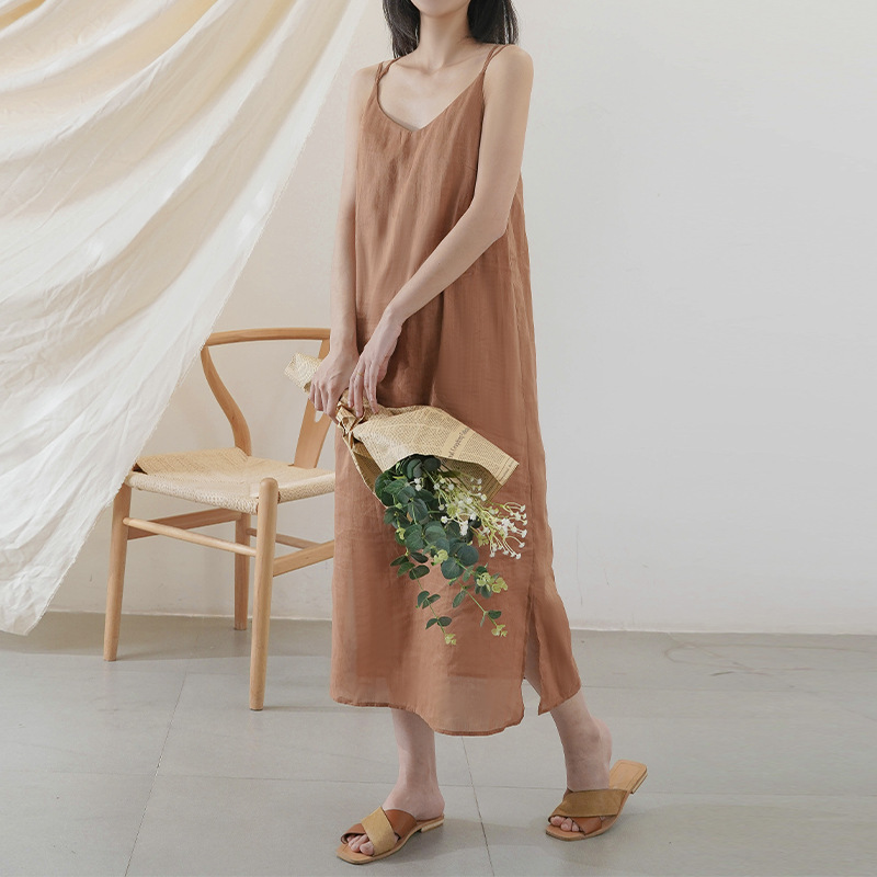 【Clearance Bargain】Women's 100-Count Ramie Inner Slip Dress with Unique Back Design, Cotton-Linen Sleeveless Long Dress