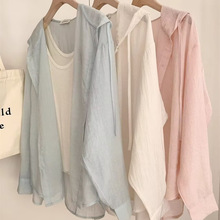 蓝色连帽轻薄长袖防晒衬衣女外套夏天宽松休闲空调衫小个子衬衫秋