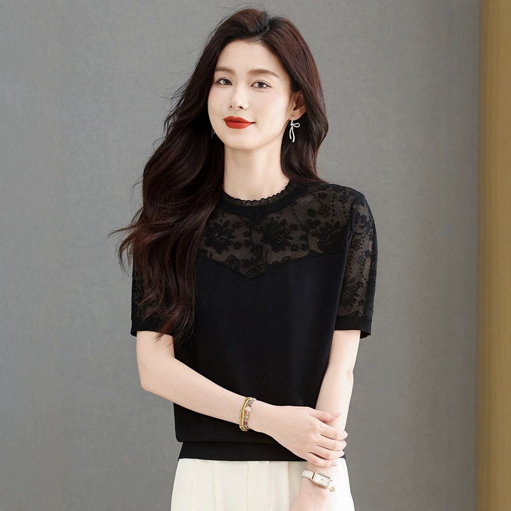 Summer thin and stylish lace round neck short-sleeved T-shirt, fashionable women's clothing, loose fit, slimming, versatile and stylish top