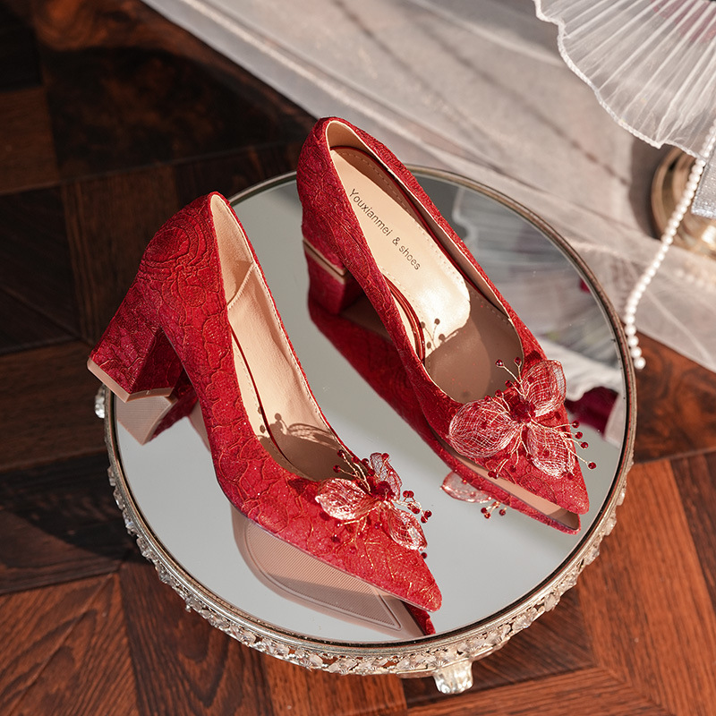 6555G-046 Bowknot Flower Pointed Toe Chunky Heel Women's High Heels Dress Red Wedding Bride Single Shoes_voghion.com