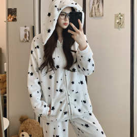 【胜杯跨境严选】# 秋冬新款法兰绒睡衣女甜美时尚家居服套装春