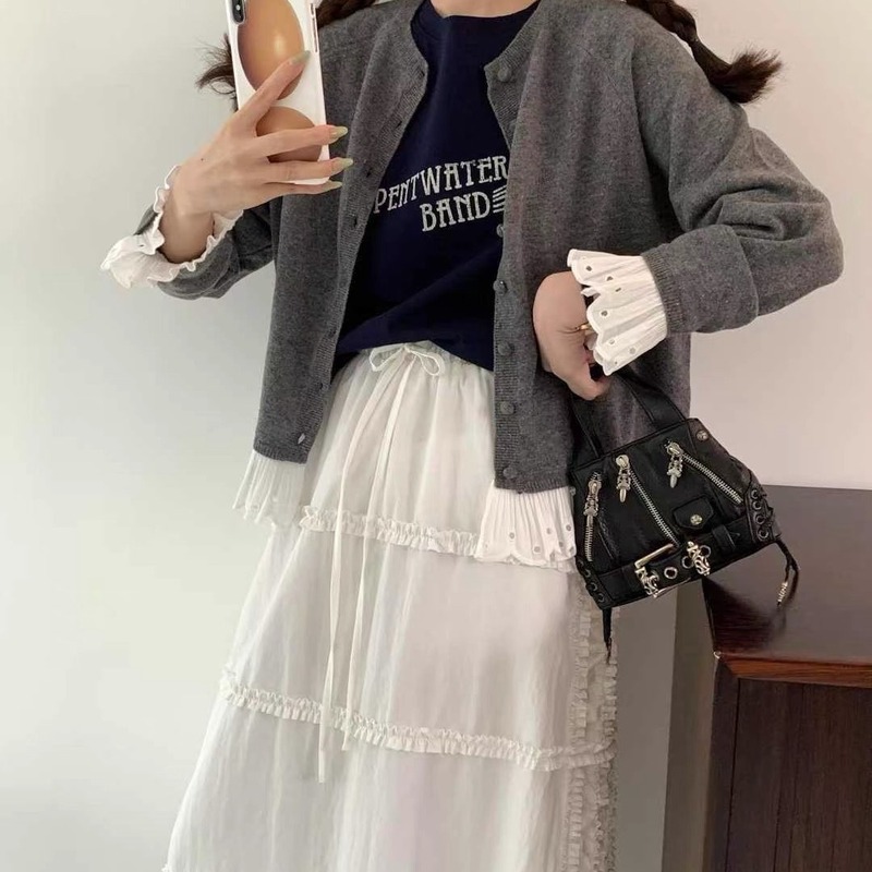 秋冬新款圆领花边拼接毛衣针织开衫毛衣女单排扣通勤日常百搭上衣|undefined