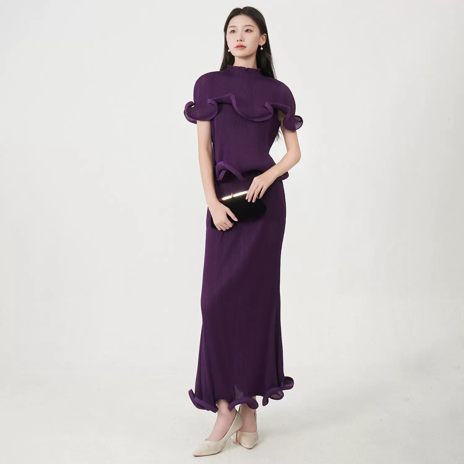 三宅套装高端女装高定感轻奢鱼骨设计感T恤上衣半身裙礼服两件套