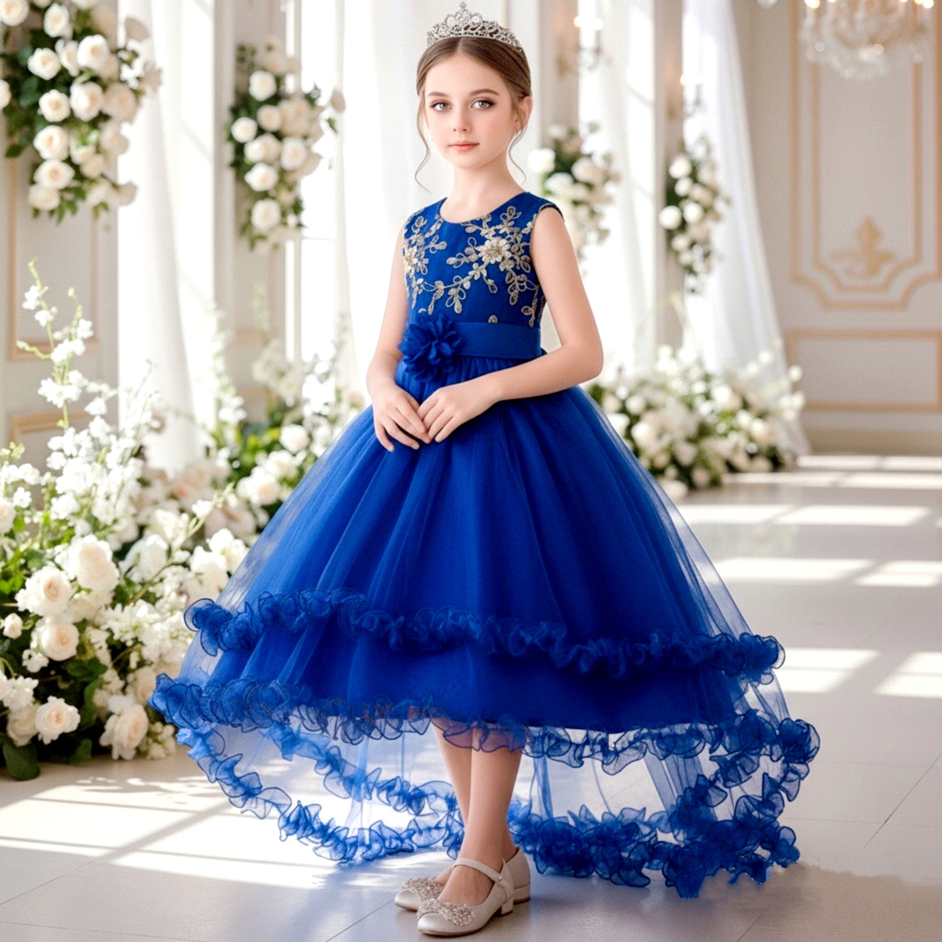European and American Children's Skirt Bronzing Mesh Skirt Children's dress Wedding Flower Children's Pruffled Skirt Large Children's Dress