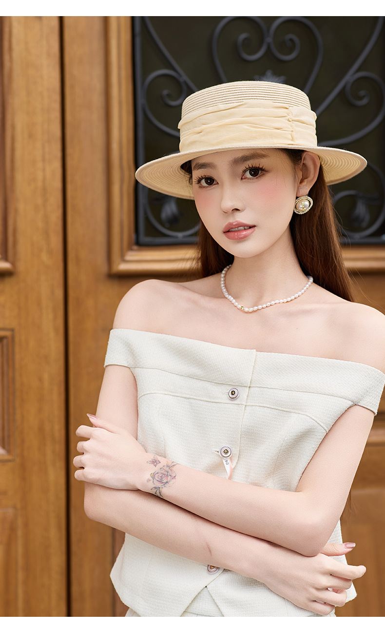 Mũ rơm nữ vành rộng chống nắng UV, phối mùa xuân hè, đi biển du lịch — Màu be chi tiết 9