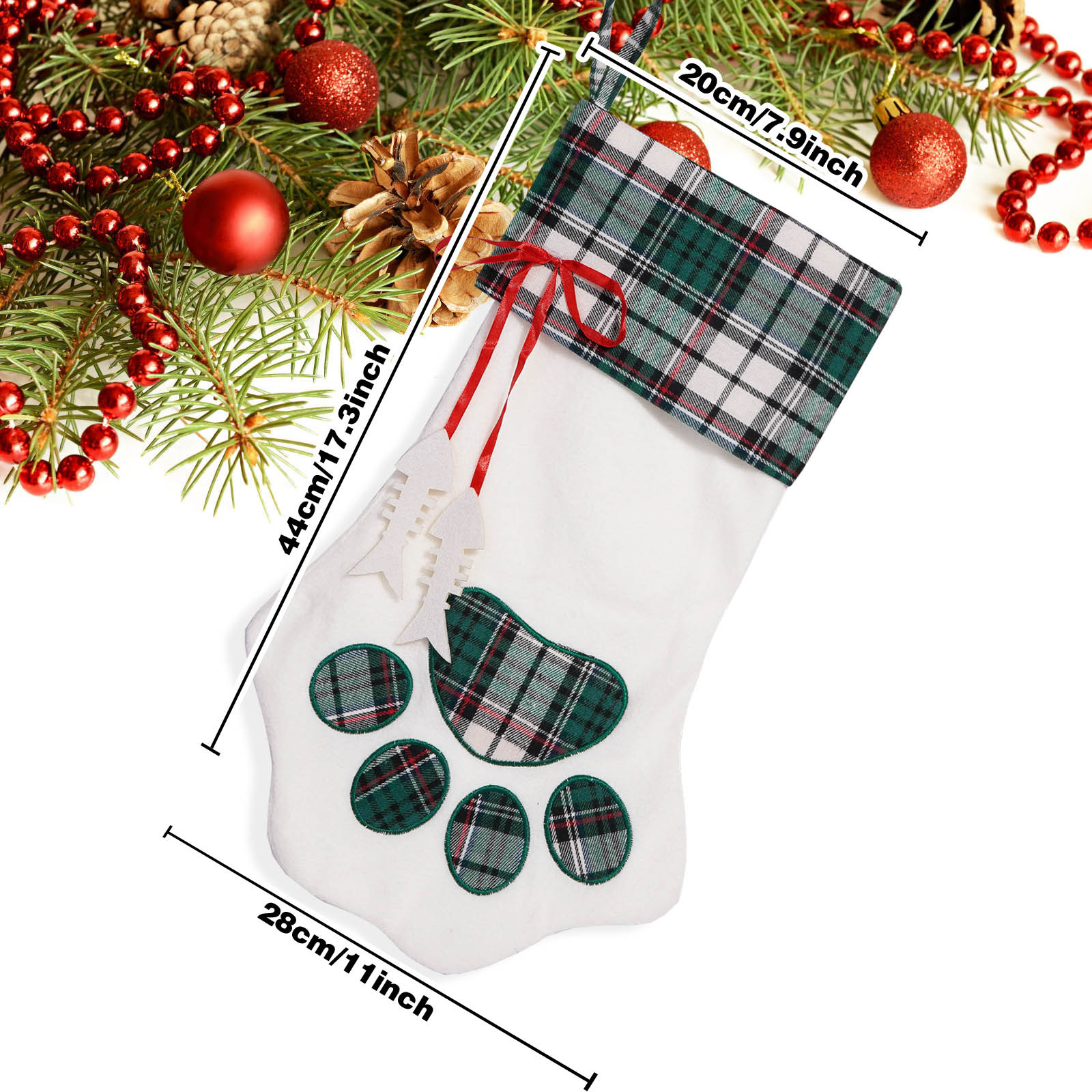 Fábrica en stock suministros de decoración navideña calcetines de Navidad bolsa de regalo pata de perro calcetines navideños calcetines de hueso de tela a cuadros