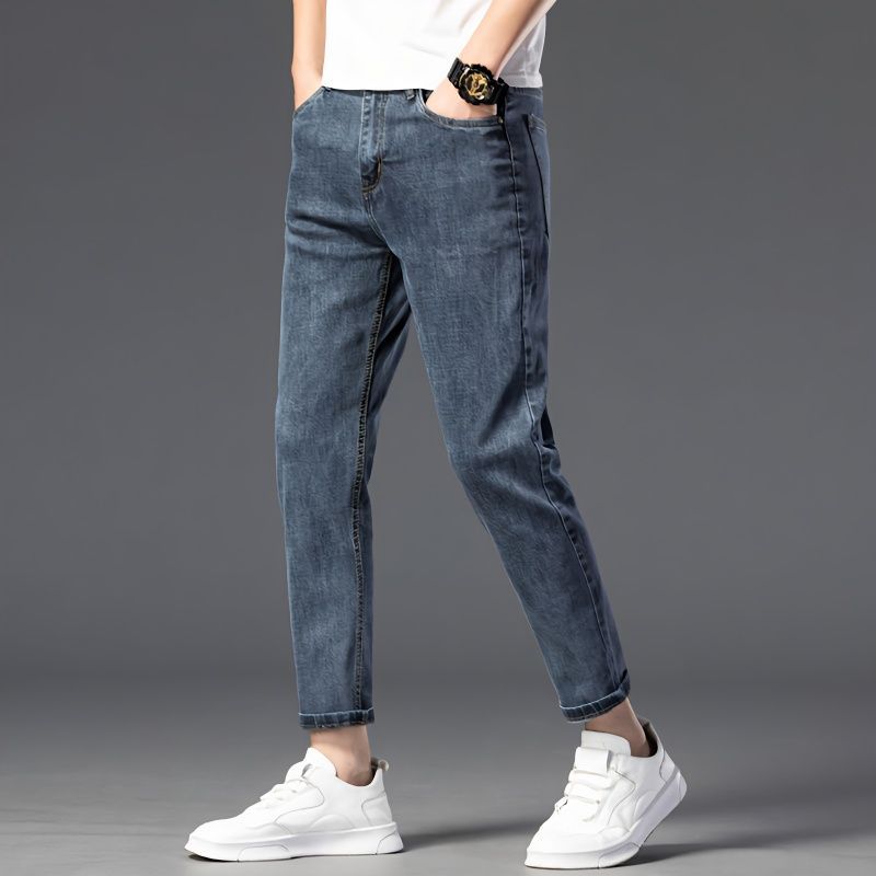 High end jeans for men's summer thin, loose, straight leg elastic slim fit Harlan cropped pants_voghion.com