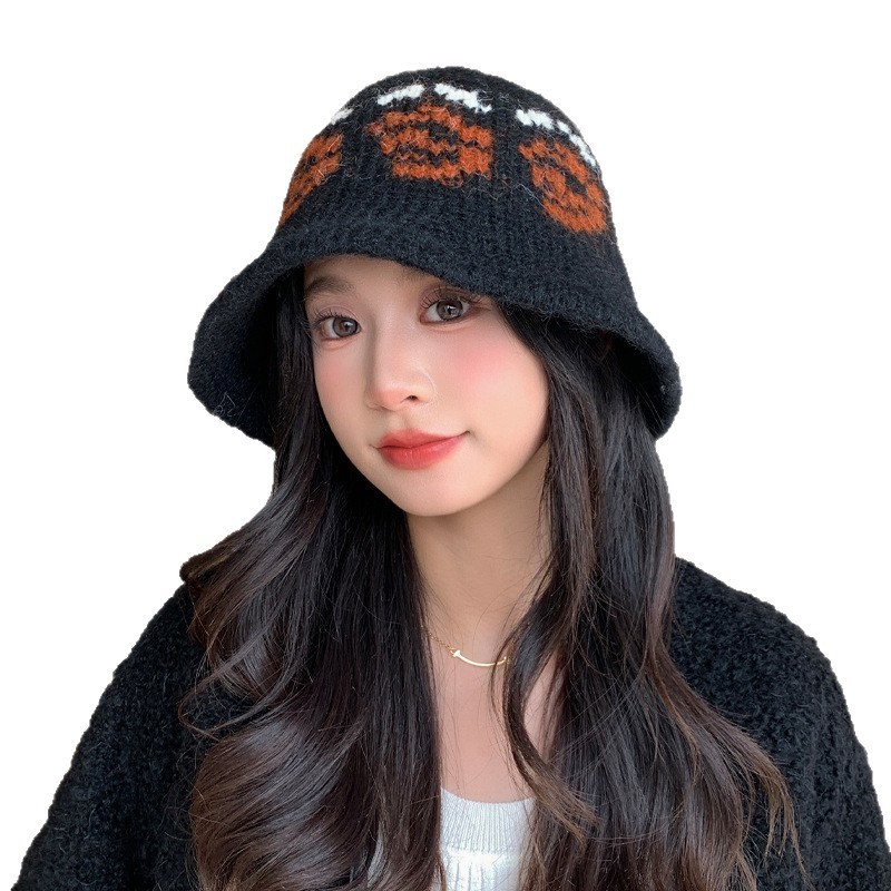 日系百搭玫瑰提花针织毛线帽秋冬季休闲防风保暖帽显脸小帽子女款|undefined