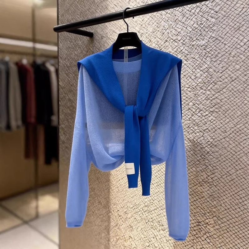 Korean-Style Blue Shawl Layered Round-Neck Long-Sleeve Knit Sweater for Women, New Spring and Autumn Loose Slimming Cover-Up Casual Top Korean-Style Blue Shawl Layered Round-Neck Long-Sleeve Knit Sweater for Women, New Spring and Autumn Loose Slimming Cover-Up Casual Top