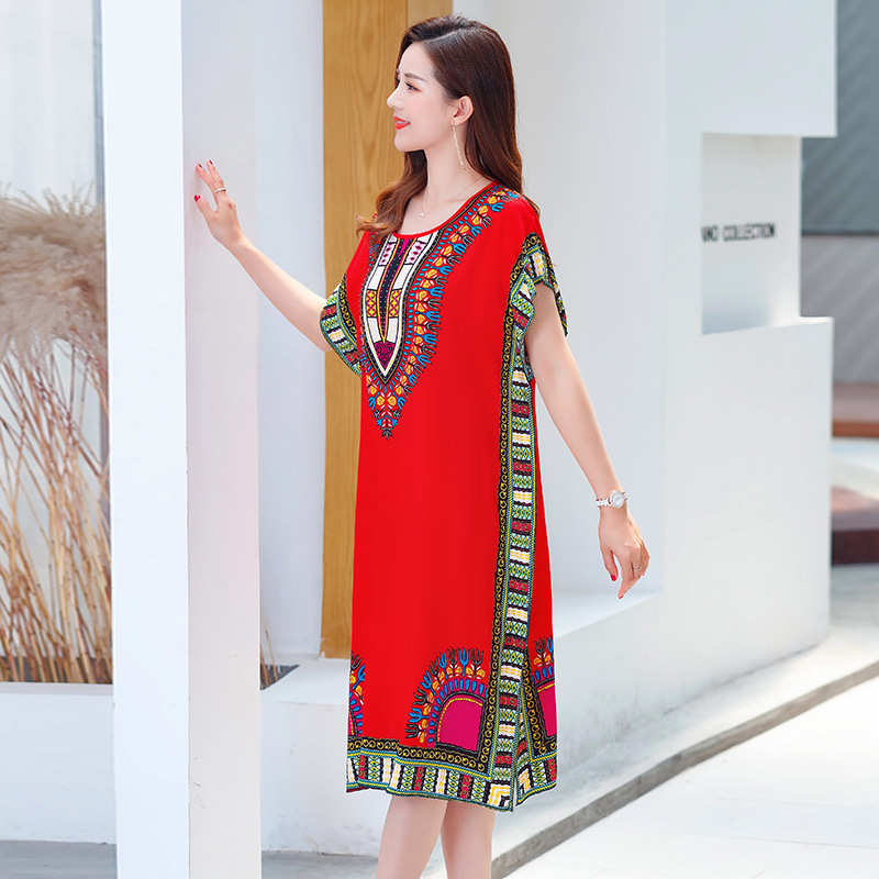 Summer Cotton Silk Dress, Mid-Length, Batwing Sleeves, Loose Fit, Plus Size Beach Dress, Mom Style, Tummy-Concealing, Slimming Dress for Women Summer Cotton Silk Dress, Mid-Length, Batwing Sleeves, Loose Fit, Plus Size Beach Dress, Mom Style, Tummy-Concealing, Slimming Dress for Women