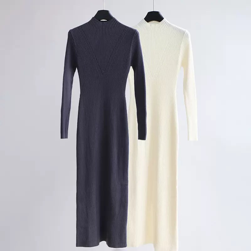 秋冬高领针织连衣裙女2025新款后开叉内搭打底裙长袖修身毛衣长裙