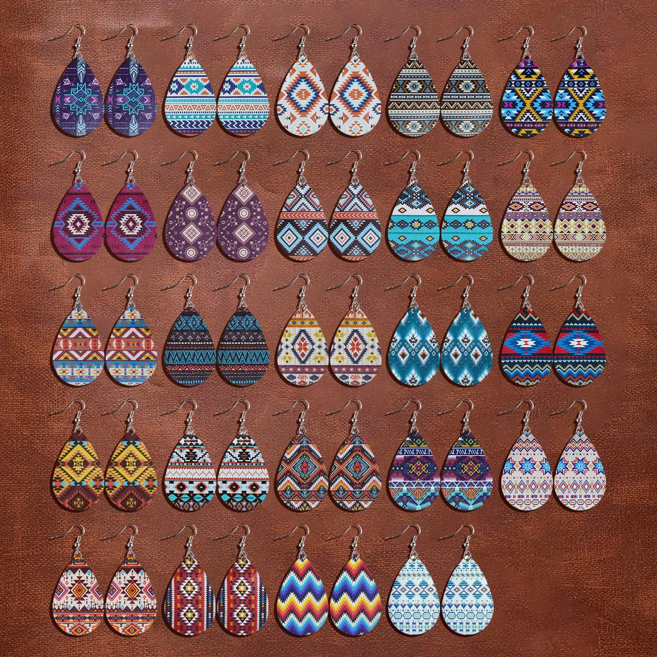 Серьги из кожи в форме слезы, западный племенной тату-близ patterns, лёгкие 6.8×3×0.5 см