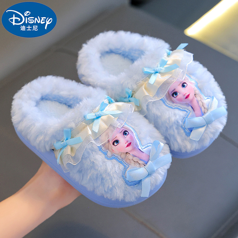 Disney winter girls' cotton slippers, warm and fleece-lined, featuring Elsa the Princess design, suitable for indoor wear, with thick soles and non-slip features