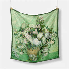 欧美新款53cm数码印小方巾梵高油画白玫瑰印花小丝巾女斜纹绸领巾