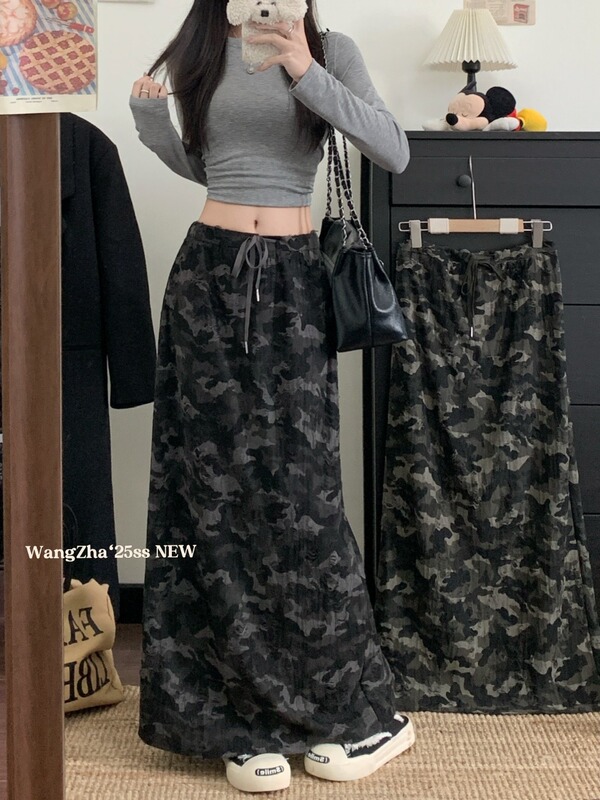 美式复古迷彩抽绳直筒半身裙女秋季新款休闲时尚显瘦垂感破洞长裙|undefined