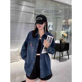 实拍 字母口袋牛仔衬衫女长袖秋冬装新时尚设计感小众上衣潮