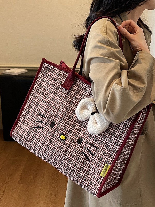 Hermoso gato bordado bolso de hombro de mujer de gran capacidad bolso de lona cuadrado bolso de clase de estudiantes de compras nuevo bolso de tela de moda