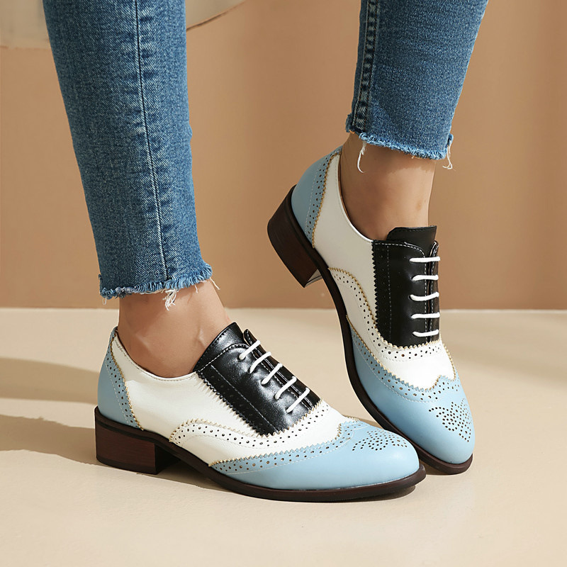 Retro British Style Brogue Shoes for Women, Spring & Fall Small Leather Shoes, Color Matching Front Lace-Up Thick Heel Low Heel Flats, Casual Shoes