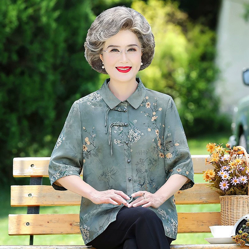 Летняя рубашка для бабушки, топ 2024, новинка 70, летняя одежда для пожилых женщин с короткими рукавами, одежда для старых дам
