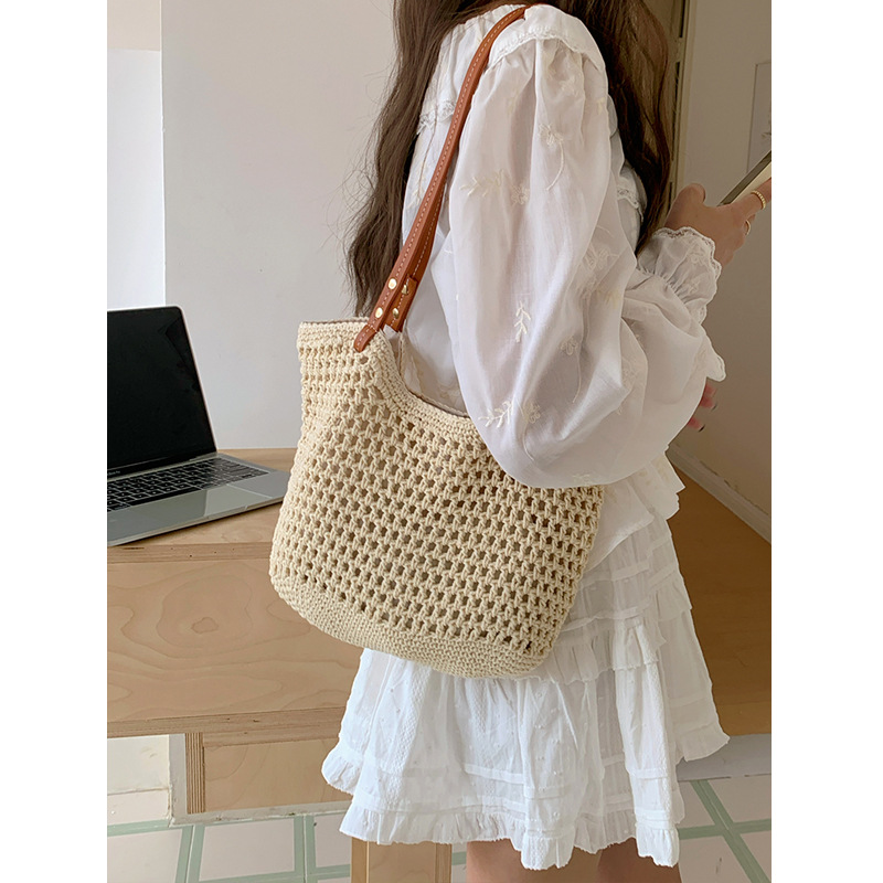 Sac fourre-tout polyvalent à une épaule pour femme, nouvelle collection été 2024, pour les vacances à la plage, en tissage d'herbe, pour les déplacements, Tide_voghion.com