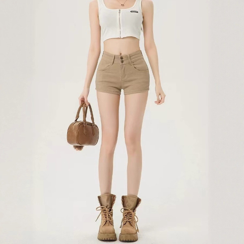 Khaki Stretch Denim Shorts for Women, Summer Plus-Size High-Waisted Slimming A-Line Hot Pants for Pear-Shaped Body