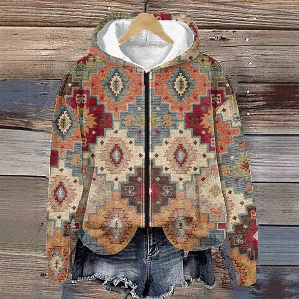 Ретро с рисунком из шелка осень новая женская одежда на молнии толстовка с капюшоном Amazon трансграничная внешняя торговля одежда цифровая печать