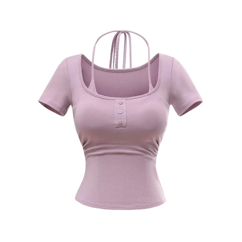 ヨーロッパとアメリカのコミック胸パッド偽ツーピースホルターネックレースアップ半袖Tシャツ女性の純粋な欲望ホットガールスリムプリーツショートトップ|undefined