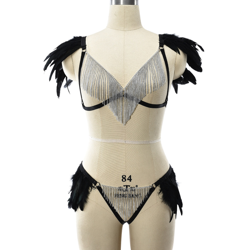European and American sexy lace-up feather body chain bra underwear underwear harness sexy stage suit uniform temptation female