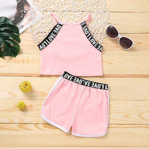 Girls' Han Version Sports Alphabet Strappy Tank Top and Shorts Set Children's Breathable Casual Solid Color Two-Piece Set