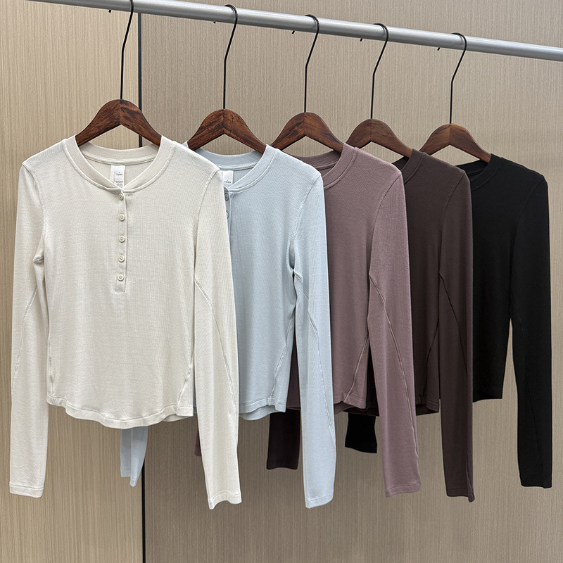 Lulu Henley Shirt Slim Fit Long Sleeve Base Shirt with Buttoned Collar and Ribbed Design, New Slimming Style Long Sleeve 	   C095