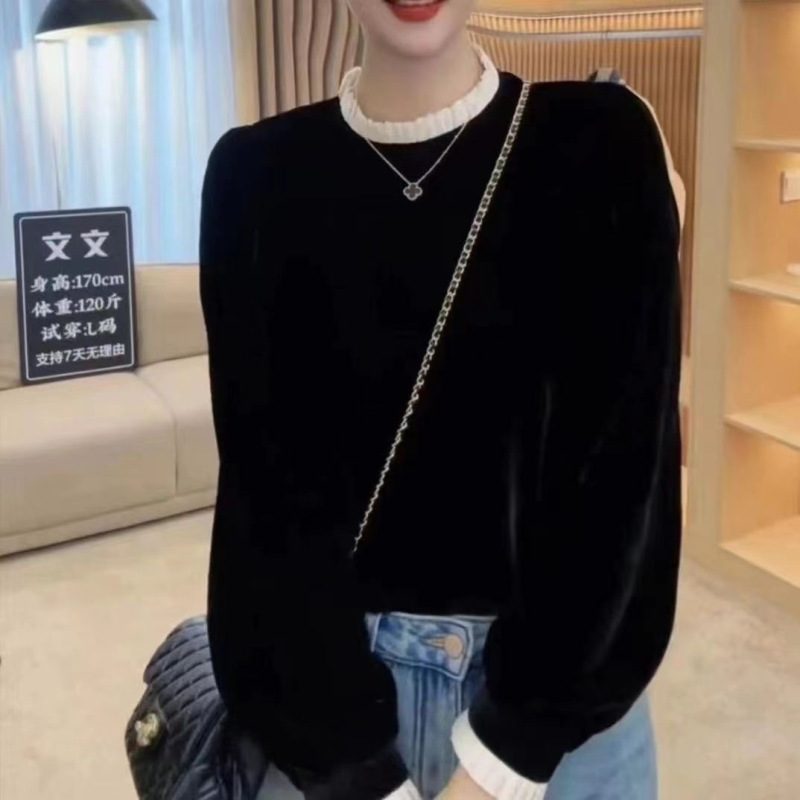 秋季新款半高领纯色百搭上衣女法式高档金丝绒减龄显瘦气质打底衫|undefined