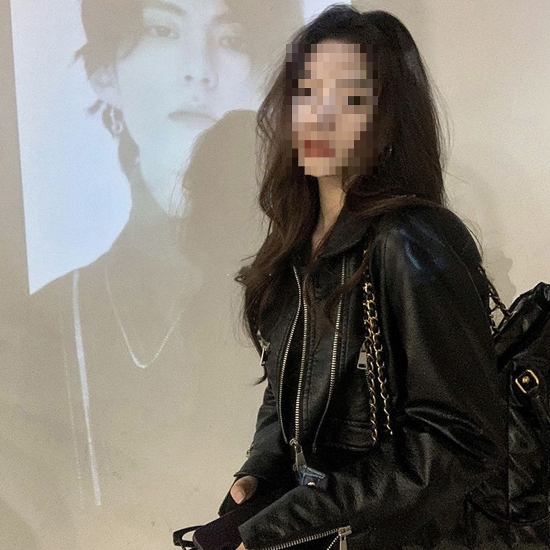 Black Short Leather Jacket for Women Spring New Slim American Retro Motorcycle Leather Jacket