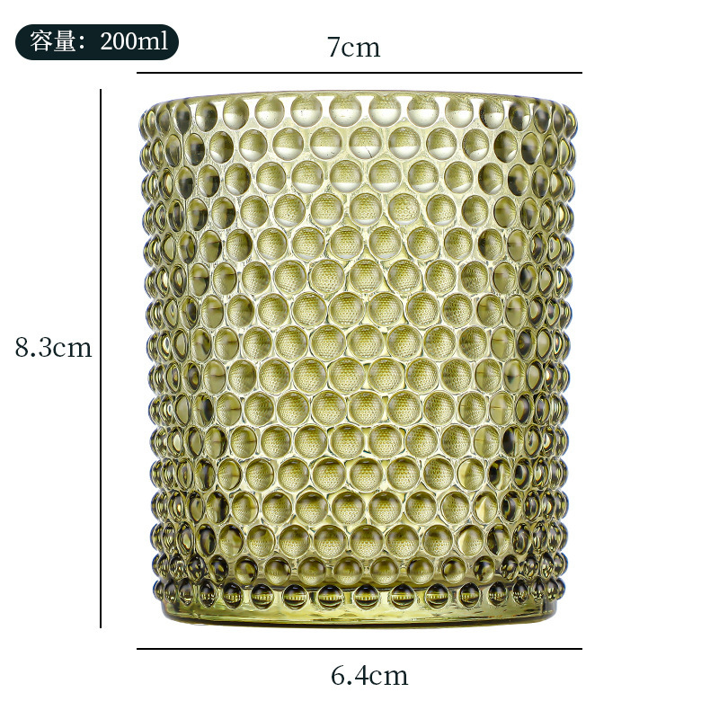 Vaso de vidrio de colores en stock, vaso de vidrio con relieve para velas, vaso de vidrio con rayas ámbar, vaso de vidrio con patrones verdes en stock