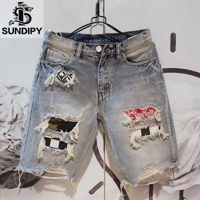 Summer New Trendy Men's Ripped Denim Shorts, Thin Style Distressed Shorts
