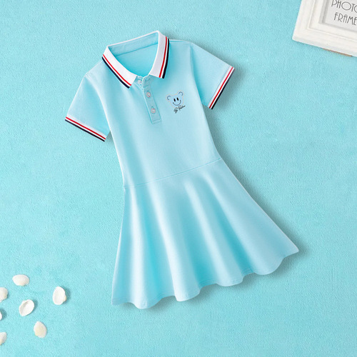 New Girls' Dress 2024 Summer College Style Children's Skirt for Older Children Polo Summer Stylish Princess Dress