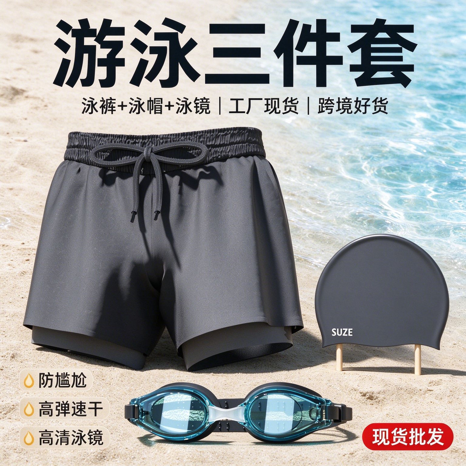 Men's Double-Layer Quick-Drying Beach Shorts Three-Piece Set for Seaside Swimming, Breathable and Soft, Sports Goggles and Swim Trunks Set in Stock