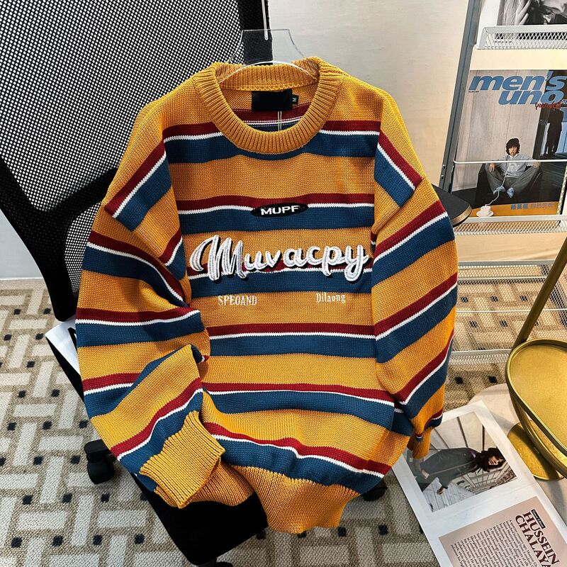 American Retro Lazy Striped Pullover Sweater for Men and Women Autumn and Winter Loose Round Neck Dopamine Couple Sweater
